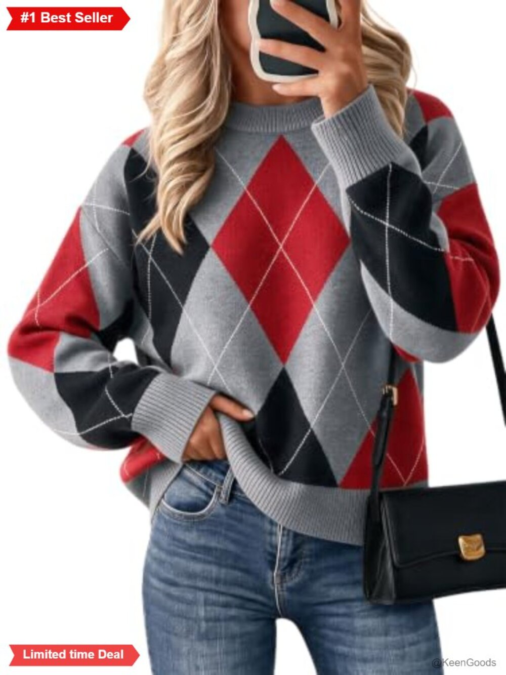 Argyle Plaid Color Block Knit Pullover Sweater Crew Neck Long Sleeve